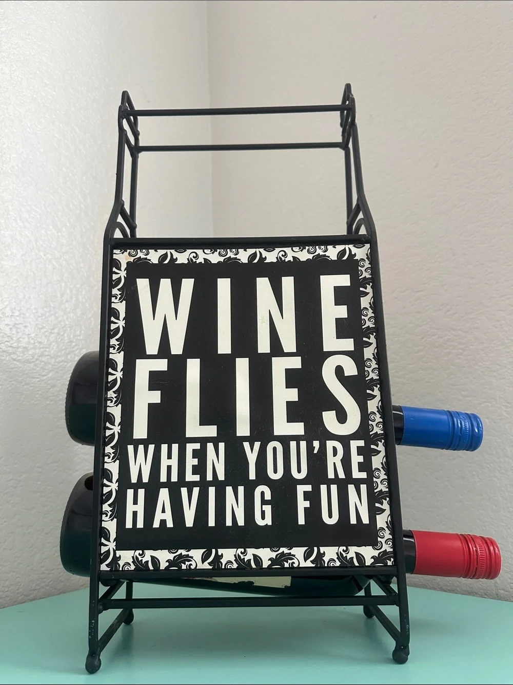 Wine Bottle Rack Décor ‘Wine Flies When You’re Having Fun’-used-good condition